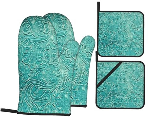 4 Stück Handschuh Set Western Country Flower Geprägtes Leder Ofenhandschuh Waschbare Kaminhandschuh Lustig Küchenhandschuhe Für Geschenke, BBQ, Die Küche