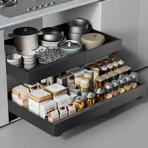 2 Stück Teleskopschublade, Ausziehbare Schublade Küche, Küchenschrank Organizer für Küchenschränke, Schubladen Aufbewahrungsregale (32–48 cm B x 42 cm T x 6 cm H), Kein Bohren und Nageln Erforderlich
