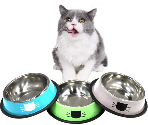 Comedero para Gatos, Cuenco Antideslizante paragatos, Cuencos para Comida Seca y húmeda, Cuenco Duradero para Gatos y Mascotas pequeñas (Azul + Verde + Gris)