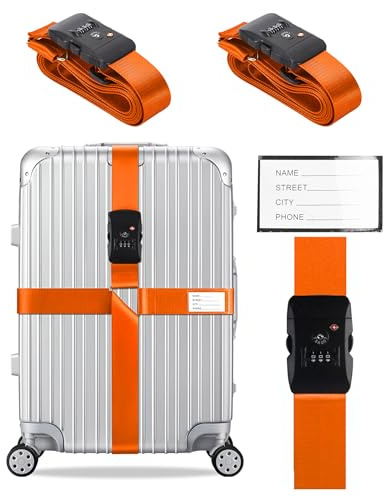 Veki Koffergurt mit TSA Schloss, Kofferband Auffällig, Orange, 2 Stück | Kreuz Kofferband Gurt mit Zahlenschloss, Kofferbänder mit Namensausweis für Samsonite Koffer/Rimowa, Koffergurte für Reisen