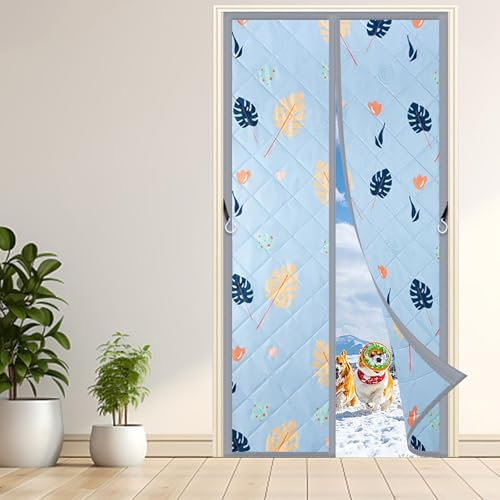 MEEYI Wärmeschutzvorhang für Türen 130x215cm, Winter Windfang Wasserdicht Staubdicht Zugluft Haustur Turvorhang Easy Install für Terrassentür Balkontüren, Blaue Blätter - Oxford Tuch