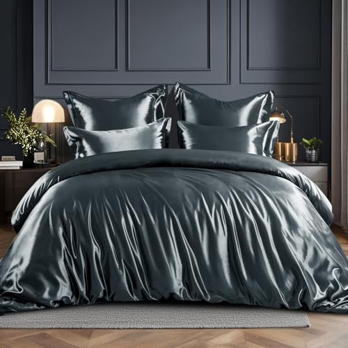 RUIKASI Satin Bettwäsche 200x220 Grau - Seidig Luxus Bettbezug mit Glanz wie Seiden Bettwäsche Set für Haar und Haut, Glänzend Bettwäsche 200x220cm mit Reißverschluss und Kissenbezug 80x80cm