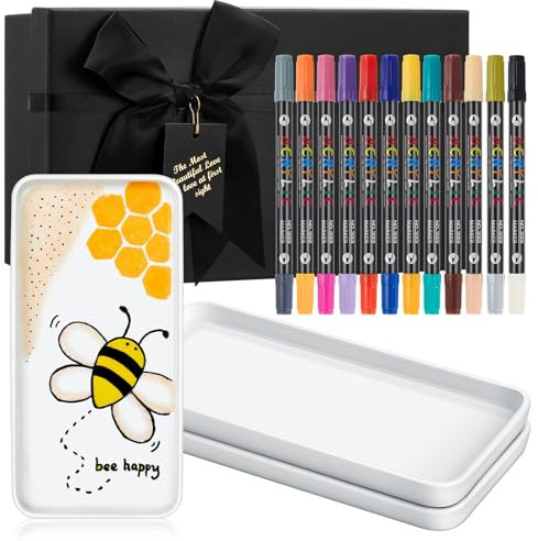 Sinmoe Set de Peinture Céramique DIY 3 Assiette en Céramique Plat de Service Blanc 12 Stylos en Porcelaine Lavables au Lave-Vaisselle Coffret-Cadeau Noël Couple Amis Famille (Rectangulaire, 8 Pouces)