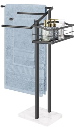 HarJue Towel Rack for Bathroom, 36” H Towel Holder Stand, Bath Towels Sheet Holder with Marble Base, Standing Rack for Home Pool Outdoor Floor, Store Family Member Towels (Black, 36” H-Basket)