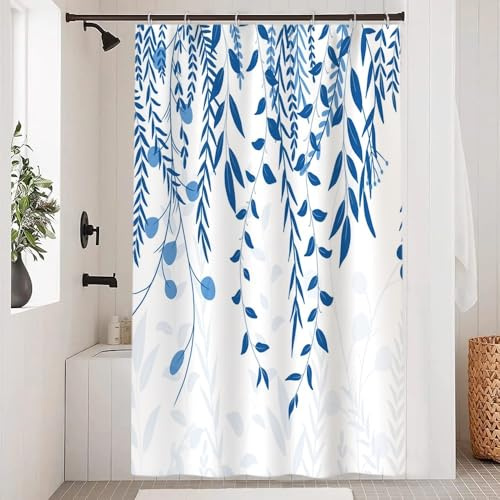 Uiiooazy Tenda Doccia Blu Navy, Tenda da Doccia Foglie Blu Acquerello Pianta Motivo Tenda per Doccia Antimuffa Impermeabile Tessuto in Poliestere Lavabile Tenda Vasca da Bagno con 8 Ganci 120x180cm