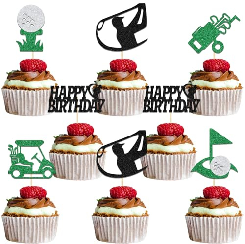 24Pcs Golf Cupcake Topper Golf Birthday Retirement Party Decorations | Golf Party Decorations Golf Bachelorette Party Decoration Golf Balls for Cake Decorating Green Black Silver Glitter