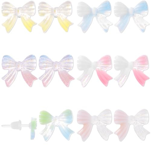 Mikovivi 6 Pairs Plastic Earrings for Sensitive Ears, Color Gradient Plastic Post Bow Sports Earrings 6 Styles Coquette Irregular Bowknot Stud with Ear Plugs Skin-Friendly Gifts