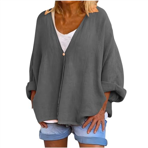 HAOLEI Cardigan Oversize da Donna in Cotone e Lino, a Maniche Lunghe, Aperto sul Davanti, Giacca Estiva, Tinta Unita, Comodo, vestibilità Larga, Cardigan Casual per Tempo Libero