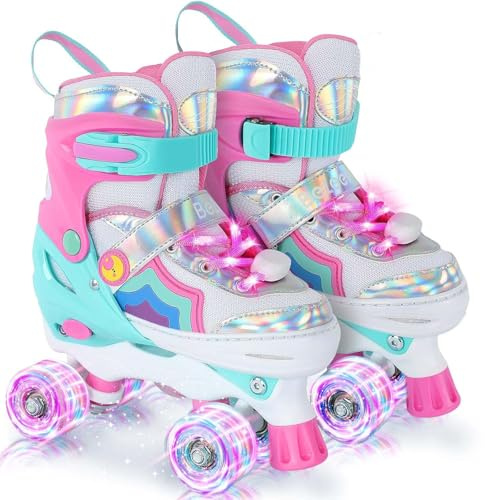 BELEEV Kids Roller Quad Skate for Girls, 4-Size Adjustable Roller Boots with 8 Light-Up LED Wheels & Shoe Lace, Safe & Fun for Toddlers Children Beginners, Ideal Birthday (Light Pink-S)