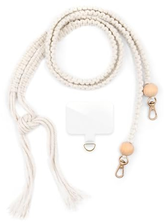 ONEFLOW Geflochtene Handykette Universal zum Umhängen lang, Abnehmbar mit 2 Karabiner, Holzperlen Boho Style Handyband für Handy Hüllen, Kette Perlen Holz Natur, Chainless Makramee Braid