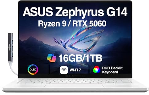 ASUS ROG Zephyrus G14 AI Gaming Laptop 14 ROG Nebula OLED 2.8K 500nits Display (AMD Ryzen 9 270, GeForce RTX 5060 8GB, 16GB LPDDR5X, 1TB SSD, RGB KYB, WiFi 7, Win 11 Pro) con espansore porta USB DKZ