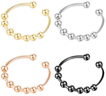 YZROHYI 4 Pezzi Anello Antistress Donna,Anello Ansia Regolabile,Fidget Ring Anxiety,Anelli Rotante Antistress con Perline,Anelli Aperto Acciaio Inossidabile,Gioielli Ansia Metallo per Donna e Uomo