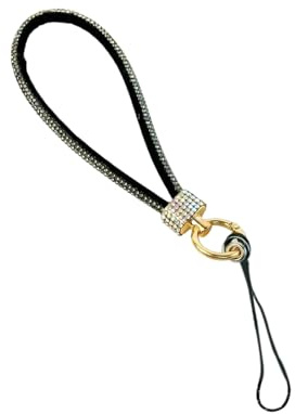 Cinturino da polso per telefono con strass, design corto, per uso quotidiano, elegante cordino, Nero , Taglia unica