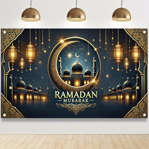 Tomhong Ramadan Mubarak Banner 71x43 Inch Crescent Moon Mosque Lantern Theme Party Decoration for Eid Festival Indoor Outdoor Wall Hanging