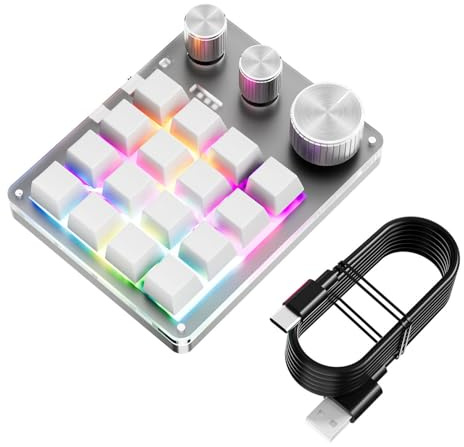 Fockety Programmable Macro Keyboard, 16 Keys 3 Knob RGB Backlit One Handed Mechanical Keyboard, Customized Bluetooth USB Wired Gaming Keyboards with Volume Controller & Type C Cable (White)