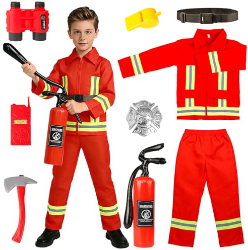 Aitsite Costume de pompier pour enfant - Rouge - Ensemble de déguisement de pompier avec veste, pantalon, ceinture, casque, extincteur, hache, talkie-walkie et badge pour carnaval, Halloween