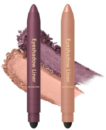 2Pcs Creme Lidschatten Stick,Lidschatten Stift Set,2 in 1 Cremiger Lidschatten-Stift Wasserfest mit Pinsel,Schimmernd ohne Glitzer Make-up,Hervorhebung PigmentierterLidschatten(Lila & Champagner)