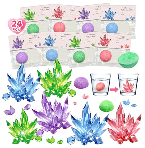 24 Pack Valentines Day Gifts Science Experiment Kit Planting Crystal with Greeting Cards for Kids School Gifts Exchange Classroom Prizes Party Favors Goodie Bag Stuffers for Boys and Girls