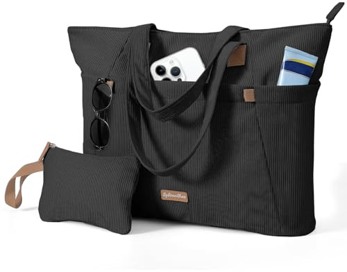 Sylvanthos Tasche Handtasche Damen, Cord Tote Bag Strandtasche mit Reißverschluss, 17 Zoll Laptoptasche Arbeitstasche, Große Shopper Tasche für Arbeit Reise Schule - Schwarz