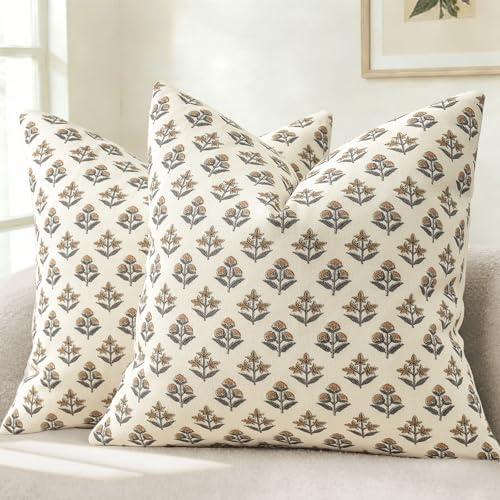 YCOLL Vintage blommiga kuddöverdrag 50x50 set med 2 vårkuddöverdrag dekorativ modern lantgårdsdekor kuddöverdrag soffkuddar för soffa stol säng vardagsrum heminredning rost koppar