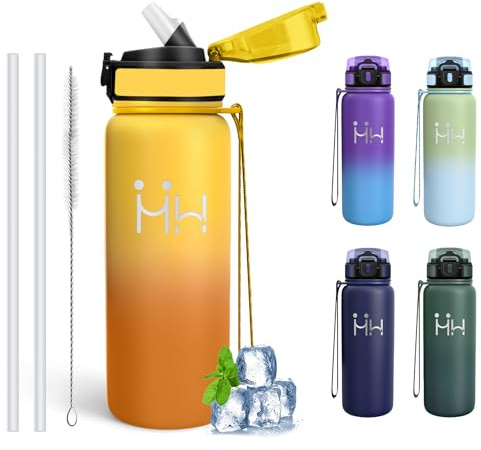 Mujigaga Gourde Isotherme- 0.75l- Bouteille Isotherme, sans BPA, Gourde avec Paille, Anti Fuite, Gourdes Sport Avec Poignée, 18/8 Acier Inoxydable, Bouteille d'eau pour École, Voyage, Camping, Nager