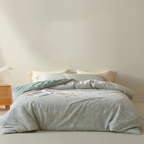 OREKPOT 4-piece Bed Sheet Set Ultra Soft Microfibre Duvet Cover 4 Piece Set, Cotton Washed Bedding Embossed Jacquard Botanical Pattern Reversible Sheet Pillowcase Sets,Green 2.0m Bed 220x240cm