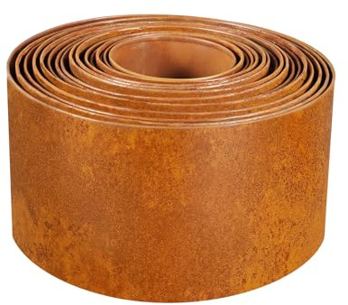 Teodute 10m Fer Galvanisé Bordure Jardin, Solide Durable Bordures de Jardin, 15cm Hauteur, pour Jardin Escaliers Pelouse Allée (Inclut des Gants, Couleur Rouille) | Patine de Rouille Naturelle, Bords Roulés Sécurisés, Bordure de Jardin Flexible pour Jardin Parterres et Allées