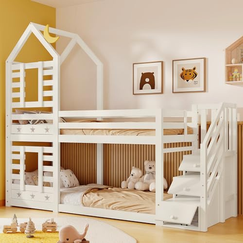 Ball & Cast Bunk Bed for Kids, Single Cabin Bed with Storage, Twin Sleeper Double Bunk Beds with Window for Children, Solid Pine Wood, 3FT-90 x 190cm, White, (Without Mattress)
