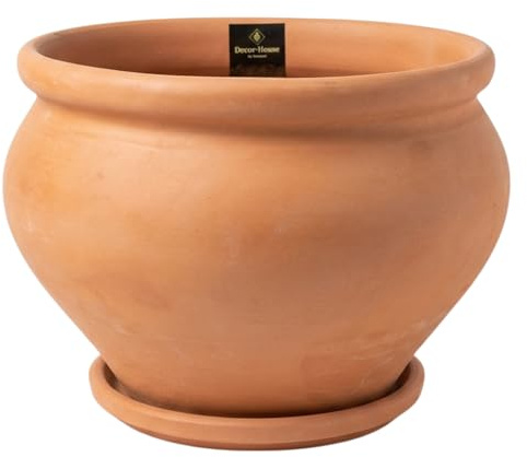 Ceracor Ceramicas Maceta Exterior de Cerámica Hecha a Mano | Color Terracota Coco | con Plato Incluido | Resistente a Climas | Diseño Artesanal Decorativo | Uso Interior y Exterior