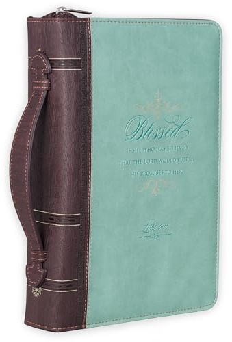 Bibelhülle aus Kunstleder, Hellblau und Braun, Blessed is She Who Has Believed Luke 1:45, Bibelhülle, Buchhülle für Damen, Größe L