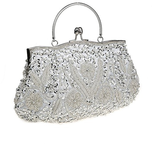 HONGCI Glitter Fashion Beaded Sequin Pearl Clutch Bag for Women - Vintage Beaded Evening Bag, Bridal Bag, Clutch Bags for Wedding, Party, A Silver, S