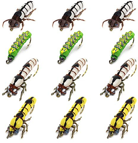 YZD Fly Fishing Flies Trout Lure kit Dry Wet Fly-Fishing Flies Realistic Flies Larvae Set of 12 Flies Terrestrial Bumble Wasp Grasshopper Stone Flies Assortment Mayfly Stonefly