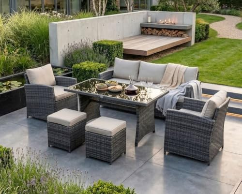 Jet-Line Gartenmöbel Loungemöbel Havanna Grau Gartenset Essgruppe Lounge mit Tisch Sessel Sofa für Garten Terrasse Balkon Polyrattan