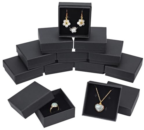 BENECREAT 12 Pack Scatola di Cartone Nera Craft Box con Elegante Pad di Velluto per la Presentazione di Orecchini ad Anello Collana 7,3x7,3x3cm