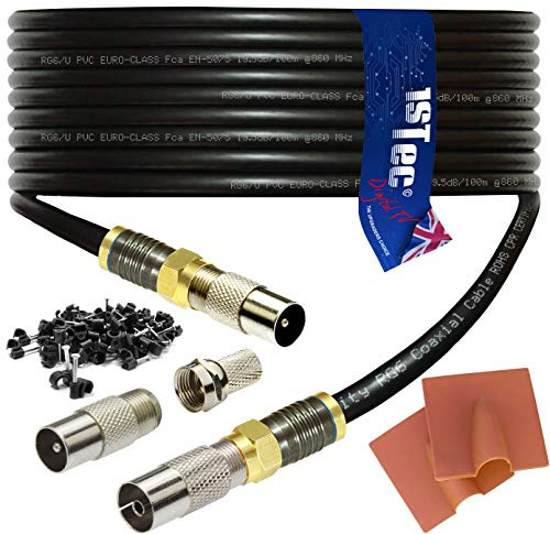 1STec 20m Shielded Digital TV Male to M/Female Gold Plated F-Connector Cable for FreeView HD Freesat BT YouView Satellite Dish or Rooftop Aerial to Wall Box Plug or Socket Lead (20 Metre, Black)