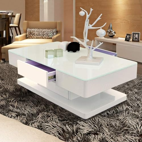 TUKAILAi Couchtisch für Wohnzimmer, modern, rechteckig, Couchtisch mit Platte aus Hartglas von 8 mm, 2 Schubladen, zur Aufbewahrung von Wohnzimmer, Empfang, 100 x 60 x 35 cm (weiß)