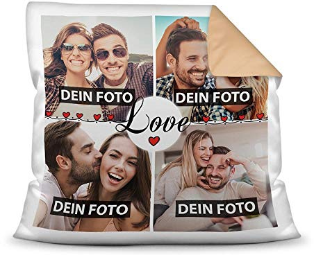 Print Royal Kissen mit Füllung - Fotocollage selbst gestalten mit Spruch - Love - mit Vier eigenen Fotos - Geschenkidee Fotokissen - Farbkissen Rückseite Beige