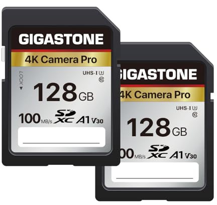 GIGASTONE 128GB SDXC Speicherkarte 2er-Pack, 4K Kamera Pro, bis zu 100 MB/s, für Videoaufnahmen mit Digitalkameras von Canon Olympus, A1 V30 UHS-I U3 Klasse 10