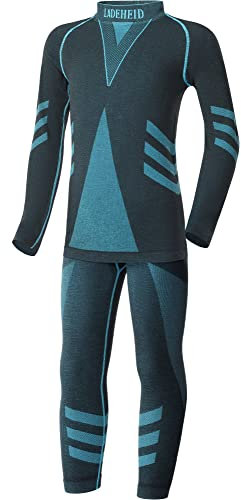 Ladeheid Skiunterwäsche Kinder Funktionsunterwäsche Set Langarm Shirt Lange Unterhose Thermoaktiv LAGI009 (Schwarz/Turquoise, 122-128)