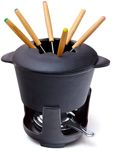 Bonvivre Gusseisen Fondue Set für 6 Personen - 1 Liter - Fondueset 13-teilig mit Brenner und 6 Gabeln - mit Emaille-Beschichtung - geeignet für Käsefondue Schokofondue Fleischfondue Gemüsefondue