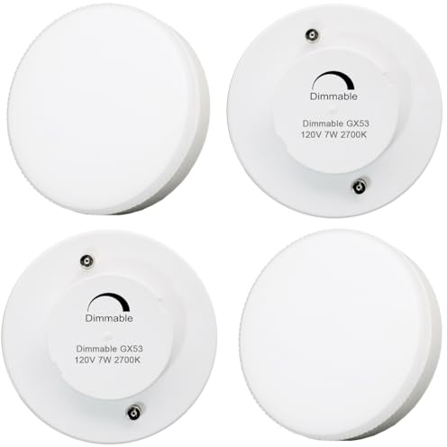 KAKEMONO Bombilla LED GX53 regulable de 7 W, luz blanca cálida, 2700 K, 50 W, repuesto halógeno de 120 V para debajo del armario, lámpara de techo, paquete de 4