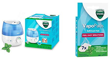 Vicks Mini Cool Mist ultrasonic humidifier - Adjustable mist control - 1.8 L Tank - Rooms to 15m2 -VUL525 & VapoPads Menthol - Scented pads with essential oils - 7 pack VH7