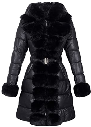 Giolshon Mujeres Abrigo Globo Piel Sintética Invierno Capucha de piel esponjosa Elegante chaqueta con cinturón 12105 Negro XL