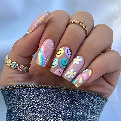 Ceboic Eckig Press on Nails Mittellang, Französische Tipp Künstliche Nägel Full Cover Ballerina Kunstnägel mit Designs, Colorful Smile Acryl Fingernägel zum Aufkleben für Frauen und Mädchen