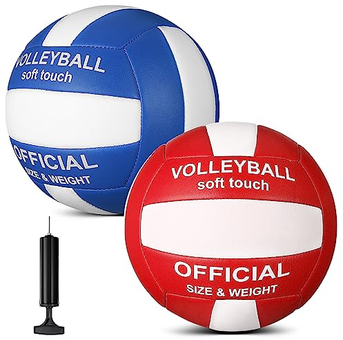 Lenwen 2 Pack Beach Volleyball Official Size 5 for Indoor Outdoor, Waterproof Soft Volleyball with Pump for Adult Beginner Beach Game Gym(Blue-White, Red-White)