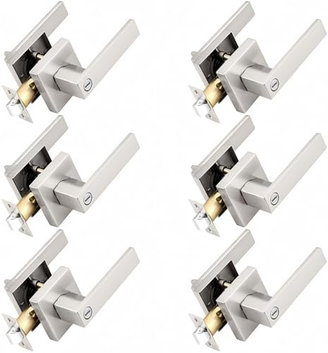Probrico Interior Brushed Nickel Door Handle, Heavy Duty, Flat Square Privacy Door Handles, Keyless Door Levers Lockset for Bedroom and Bathroom (6 Pack, Modern)