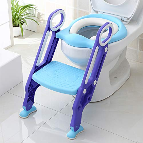Toilettensitz für Kinder,Toilettensitz Toilettentrainer mit Treppe,Höhenverstellbar Faltbarer Toilettenleiter für Kinder Mit Gepolstertem Sitz,Stabilen Rutschfester Tritt (Blau+Lila)