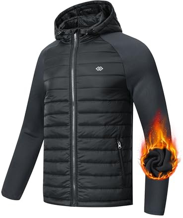 MoFiz Mens Activewear Hooded Insulated Jackets Puffy Thermal Hybrid Cycling Windbreak Jacket Coats Full-Zip Hiking Golf Jackets Lightweight Running Jacket Dark Grey Large