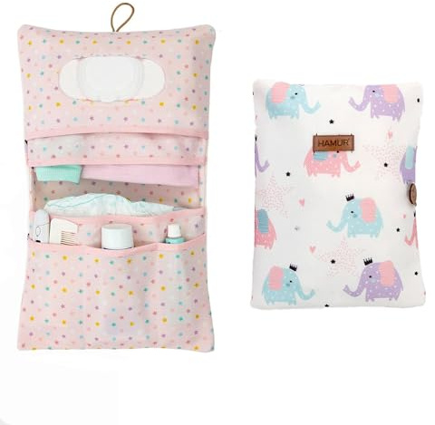 HAMUR HOME Bolsa De Pañales 2 En 1 Y Bolsa De Cosméticos - Práctica Bolsa para Pañales De Mamá Toallitas Y Crema - Organizador para Bebés (Elephant)