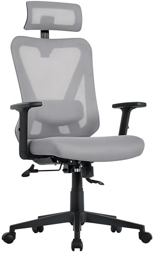 Yaheetech Kontorsstol ergonomisk, skrivbordsstol med justerbart nackstöd, armstöd, ländryggsstöd, snurrstol, chefsfåtölj, höjdjustering och gungfunktion, ryggvänlig, ljusgrå